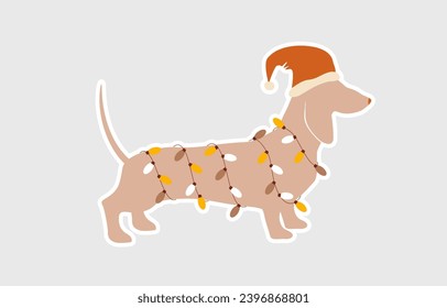 Dachshund in Santa's Hat Wrapped in Christmas Lights. Funny Christmas Vector Print with Brown Dog as a Santa Claus ideal for Card, Wall Art, Sticker, Dachshund Dog Lovers. Xmas Card. No text. RGB. 