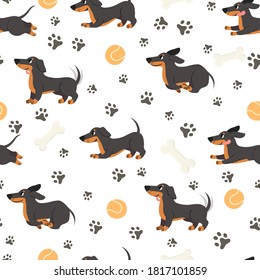 Dachshund seamless pattern. Adorable pets, funny dog long bodied breed, print for wrapping paper, textiles, wallpaper trendy vector texture. Adorable puppy jumping , ball toy and bone