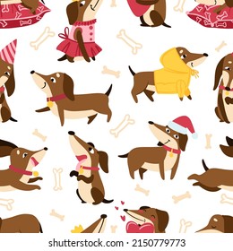 Dachshund seamless pattern with collars and medallions in various poses and bones in the background. Drawn in cartoon style. Vector illustration for designs, prints, patterns. Isolated on white