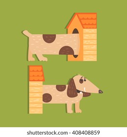 Dachshund Separated Halves Funny Flat Vector Illustration In Creative Applique Style 