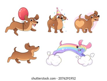 Dachshund, set of illustrations of a happy, funny dog, party, birthday card