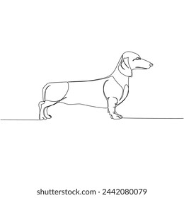 Dachshund short-haired, Teckel, dog breed, companion dog, hunting dog one line art. Continuous line drawing of friend, dog, doggy, friendship, care, pet, animal, family, canine.