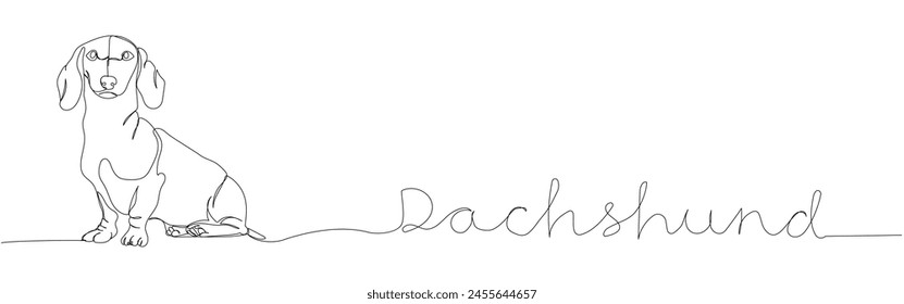 Dachshund short-haired, Teckel, dog breed, companion dog, hunting dog one line art. Continuous line drawing of friend, doggy, friendship, family, canine with inscription, lettering, handwritten.