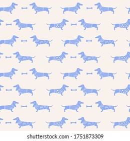 Dachshund silhouettes seamless vector pattern. Cute dachshund vector illustration. Dressed sausage dog and bones background. 