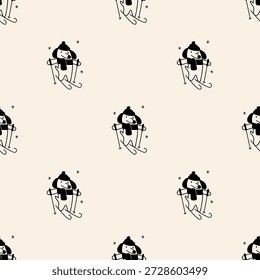 Dachshund Skiing Outline Seamless Pattern Vector, Dog on Skis Kids Minimalist Background, Playful Winter Sport Line Art