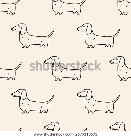 Dachshund standing. Seamless Pattern. Vector outline illustration on grey background.