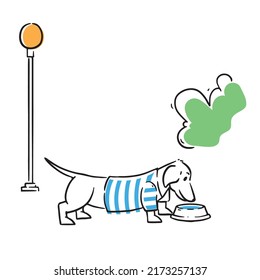 Dachshund in a striped vest drinks from a bowl on the street in the park. A reminder that the Dog needs water in the summer heat. Drinker for dogs. Pet care Line art vector illustration