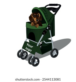 Dachshund en un cochecito. Ilustraciones de diseño de Vector de estilo dibujado a mano.