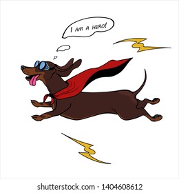 Dachshund. Superhero dog flying with 
pilot glasses and cloak.