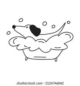 Dachshund taking a bath. Outline vector illustration.