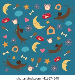 Dachshund vector.  Background with dog. Night and dreaming. 