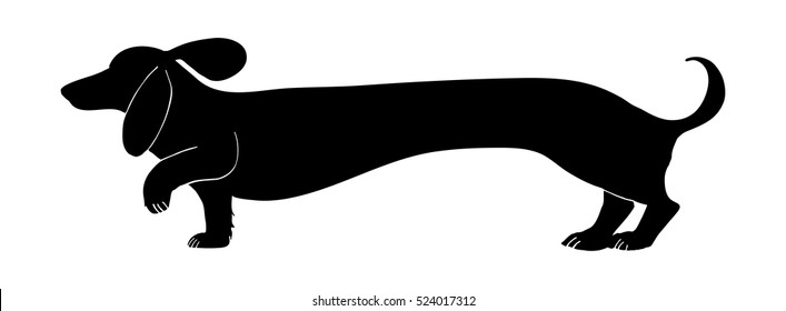 dachshund vector design in black silhouette, cute funny wiener or sausage dog with big floppy ears and wagging tail 