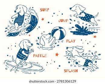 Dachshund vector doodle set featuring water sports scenes: SUP board, surfing, jumping into pool, playing with ball, swimming in float ring, splashing water. Hand-drawn style with lettering