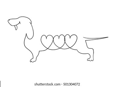 Dachshund. Vector illustration drawn freehand. Original linear image of a Dachshund with hearts.