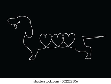 Dachshund. Vector illustration drawn freehand. Original linear image of a Dachshund with hearts.