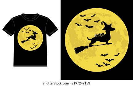 Dachshund Witch in Moon Funny Halloween T-Shirt