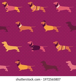 Dachshunds in cute outfits on a polka dotted maroon background. Seamless vector patterns are great for backgrounds, wallpaper, and surface designs.