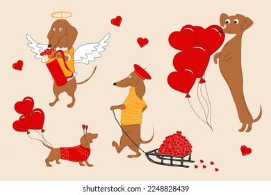 Dachshunds dogs pulls a hearts, valentines on a sleigh and decorate  balloons in the shape of a heart. Vector illustration