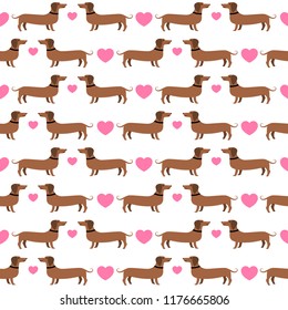 Dachshunds with hearts seamless pattern, vector background