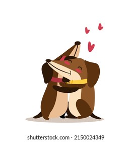 Dachshunds hug with love. Around the heart. Drawn in cartoon style. Vector illustration for designs, prints and patterns. Isolated on white background