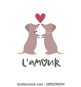 Dachshunds in love for Valentines day and phrase Lamoure.