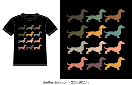 Dachshunds Multicolor Silhouette T-Shirt plantilla de diseño, Car Window Sticker, POD, cubierta, fondo negro aislado
