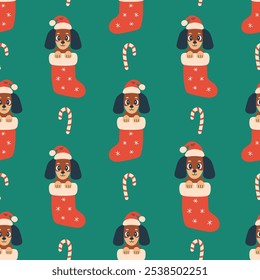 Dachshunt Dog in Christmas Stocking Seamless Pattern. Xmas Holiday Pet Background with adorable whimsical puppy in Santa Hat and Candy Cane. Repeat vector illustration. Vintage style