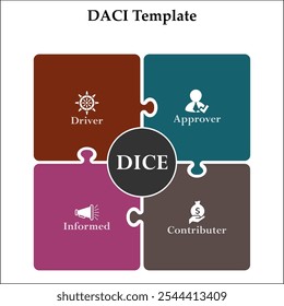 Plantilla DACI - conductor, aprobador, Colaborador, informado. Plantilla de infografía con iconos y marcador de posición de descripción