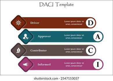 Plantilla DACI - conductor, aprobador, Colaborador, informado. Plantilla de infografía con iconos y marcador de posición de descripción