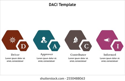 Plantilla DACI - conductor, aprobador, Colaborador, informado. Plantilla de infografía con iconos y marcador de posición de descripción