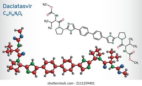 Daclatasvir Drug Molecule. It Is Direct-acting Antiviral Agent Used To Treat Specific Hepatitis C Virus (HCV) Infections. Structural Chemical Formula And Molecule Model. Vector Illustration