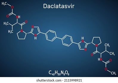 Daclatasvir Drug Molecule. It Is Direct-acting Antiviral Agent Used To Treat Specific Hepatitis C Virus (HCV) Infections. Structural Chemical Formula And On Dark Blue Background. Vector Illustration