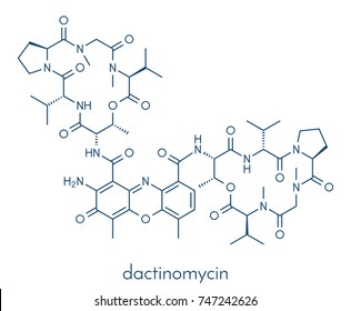 Dactinomycin (actinomycin D) cancer chemotherapy drug molecule. Skeletal formula.