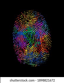 Dactylography. Abstract decorative isolated vector multicolor fingerprint on black background. It can be used as printing on T shirt