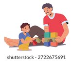 Dad adorable toddler son playing with building blocks enjoying fun activities quality time together isolated on white. Parent and child bonding, early childhood development vector illustration