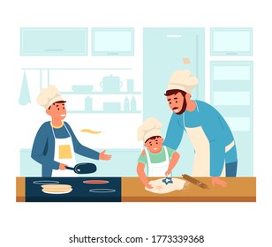 Dad in apron and chef's hat cooking with sons in the kitchen. Making pancakes and cookies with children. Family activities. Flat vector illustration.