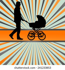 Dad with baby carriage vector background concept