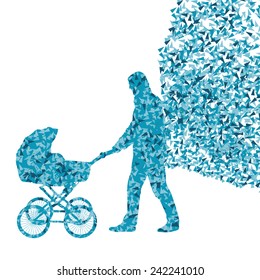 Dad with baby carriage vector background concept made of fragments
