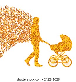 Dad with baby carriage vector background concept made of fragments