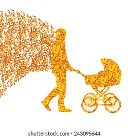 Dad with baby carriage vector background concept made of fragments