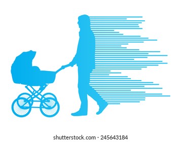 Dad with baby carriage vector background concept made of stripes