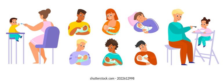 Dad baby feeding. Father and mothers with newborns, cute toddlers on high chairs and get food, with spoon, mom breastfeeding kid, parents with children vector carton flat isolated set