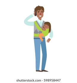 Dad With Baby Girl In Sling Talking On The Phone, Illustration From Happy Loving Families Series