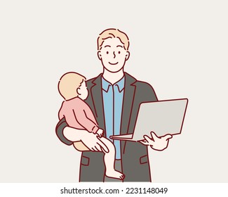 Papá con el bebé, sosteniendo la laptop. Ilustraciones de diseño vectorial de estilo dibujado a mano.