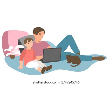 Dad and baby look at the laptop screen. Work, training and entertainment at home. Eps 10  vector illustration.