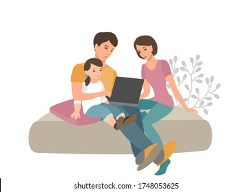 Dad and baby look at the laptop screen. Work, training and entertainment at home. Eps 10  vector illustration.