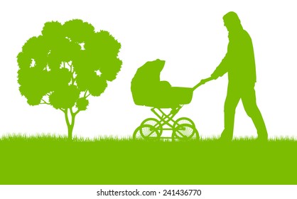 Dad with baby pram outdoor vector ecology background concept