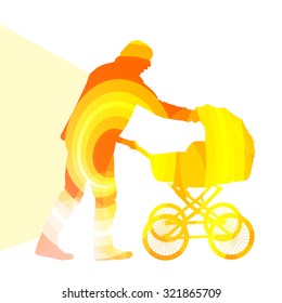 Dad with baby strollers, carriage walking man silhouette illustration vector background colorful concept made of transparent curved shapes