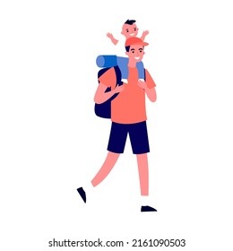 Dad with backpack and little kid. Active happy family travelling together in mountains flat vector illustration. Father, mother and children hiking concept.