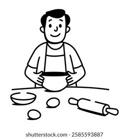 Dad baking in kitchen, doodle style icon 
